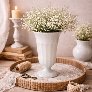 Vintage Milk Glass Fluted Neoclassical Modern Rimmed Vertical‎ Pattern Vase